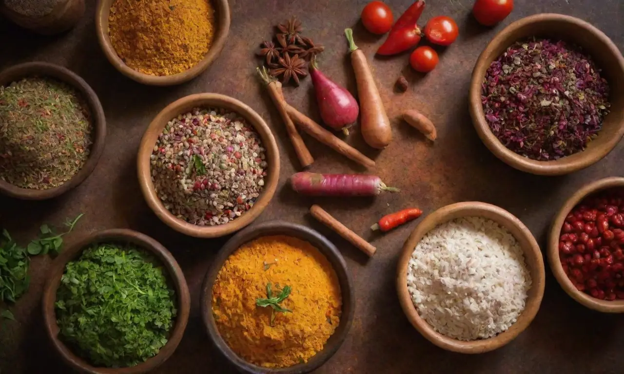 Ingredientes coloridos y frescos con sabores regionales y presentación vibrante