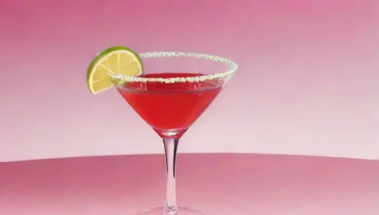 Un elegante cóctel de martini rosa con limas y arándanos en un ambiente moderno y sofisticado