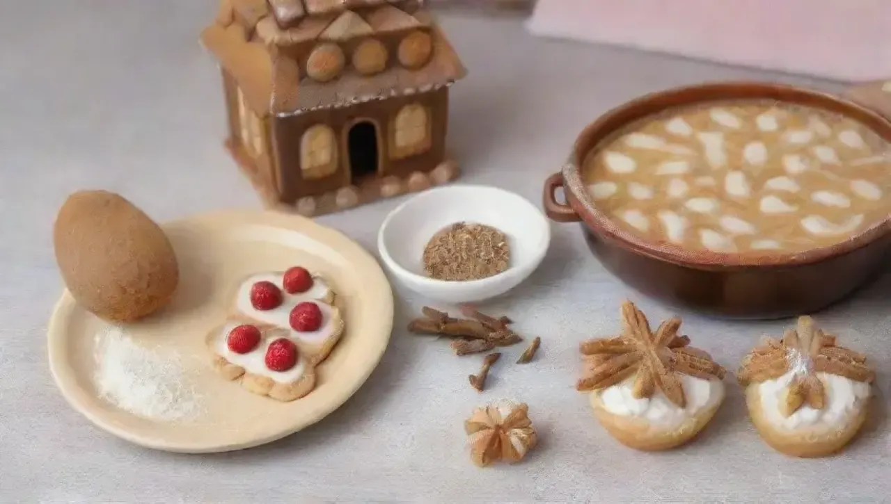 Una mesa rústica llena de ingredientes y decoraciones festivas para preparar stollen
