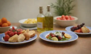 Mesa colorida con platos griegos tradicionales y decoraciones mediterráneas