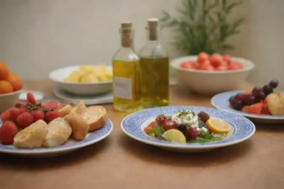 Mesa colorida con platos griegos tradicionales y decoraciones mediterráneas