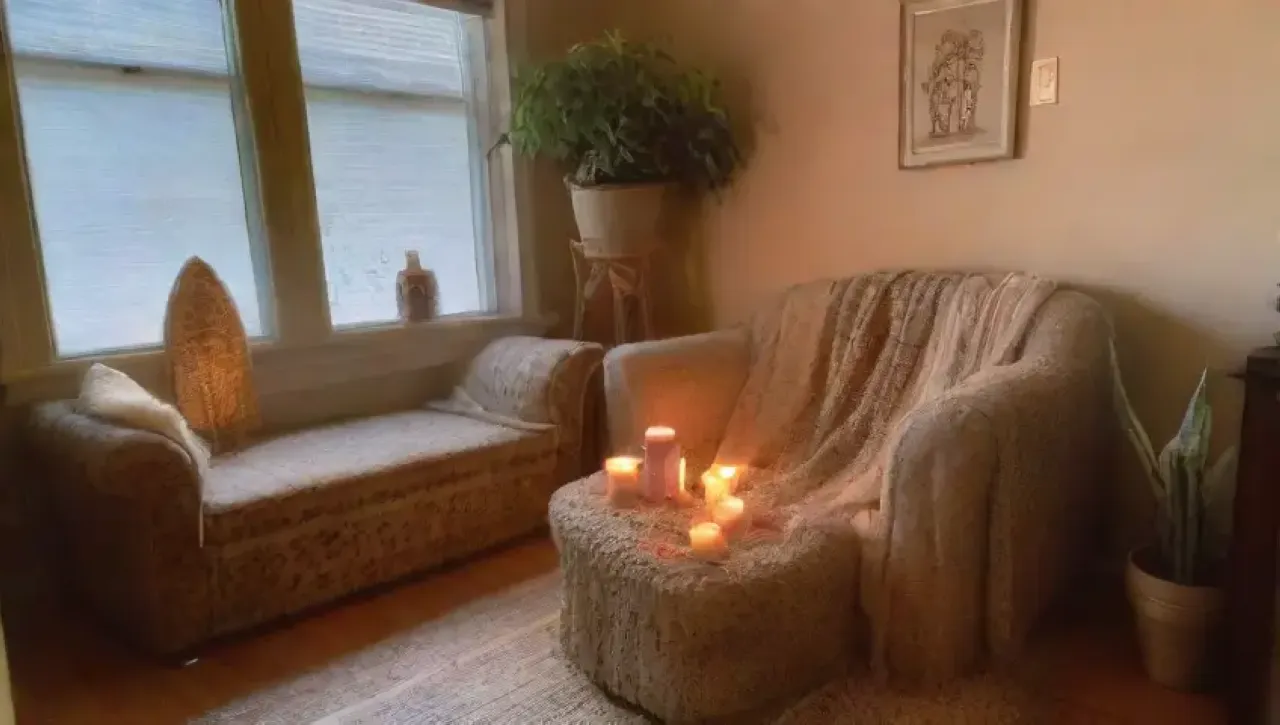 Un hogar acogedor y cálido, iluminado suavemente, que evoca confort e intimidad