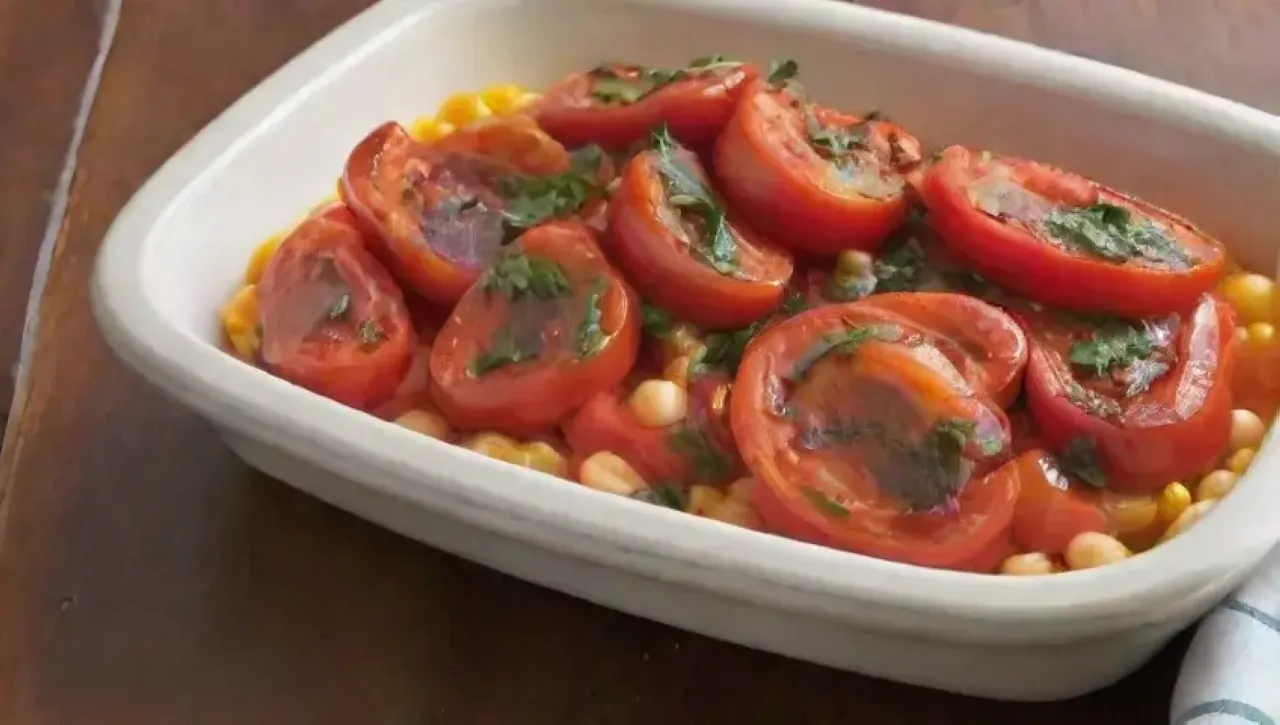 Un colorido plato de pimientos asados, garbanzos y tomates, fresco y veraniego