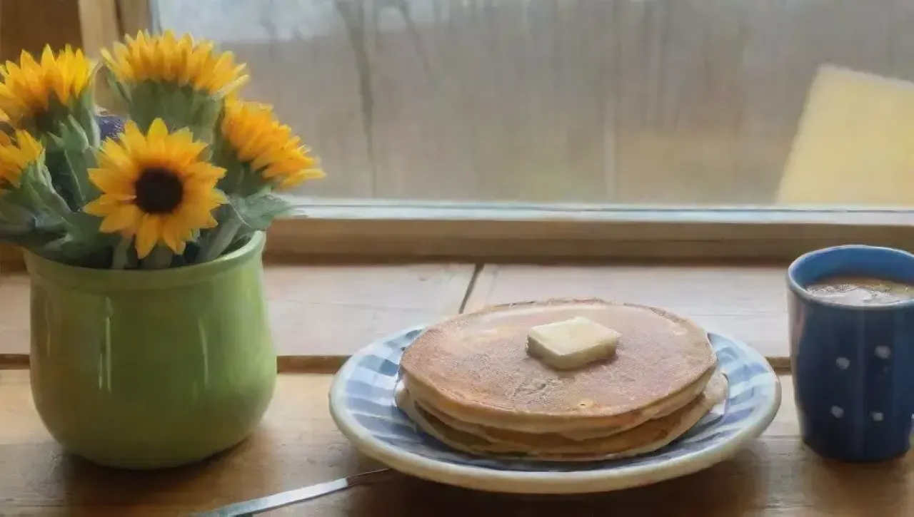Una acogedora escena de desayuno con pancakes, arándanos y café en una cocina iluminada por la mañana