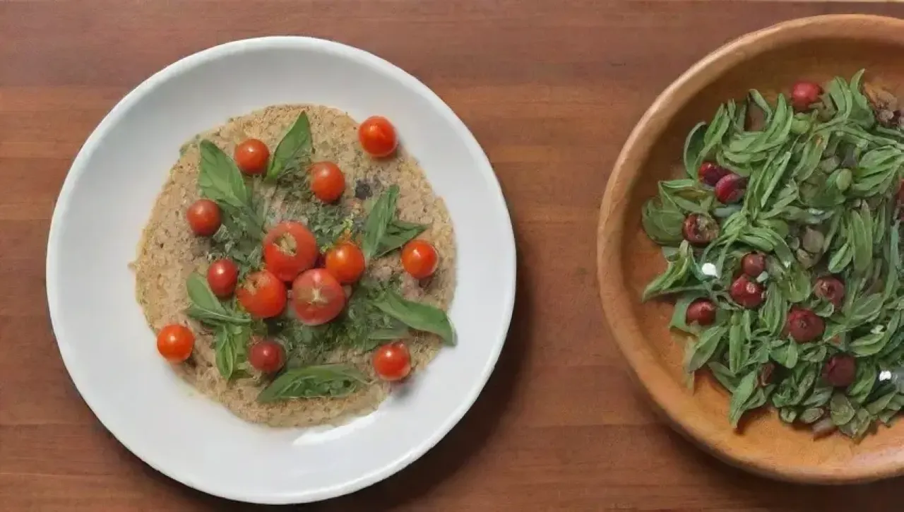 Una colorida y acogedora escena culinaria con hierbas frescas y deliciosos ingredientes