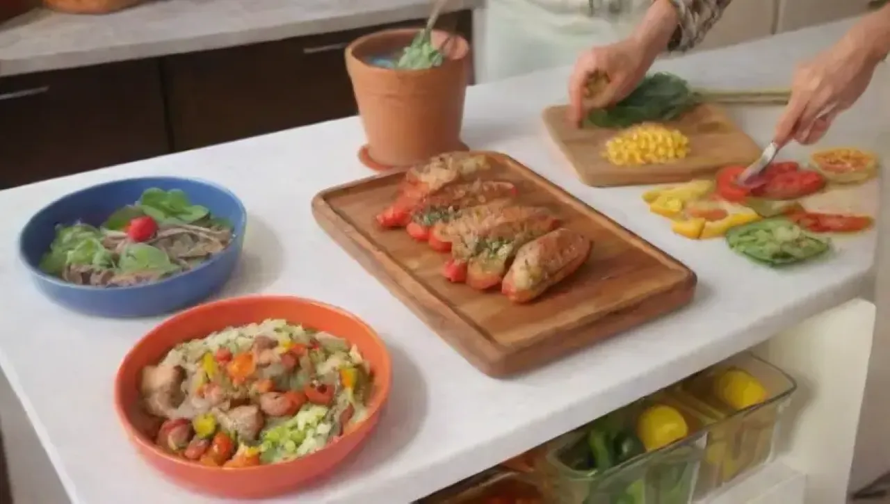 Cocina brillante y organizada con ingredientes frescos y aromas deliciosos
