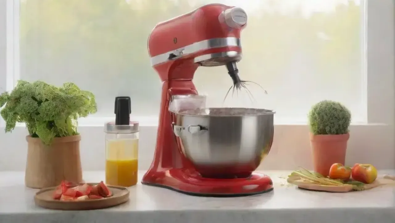 Escena de cocina vibrante con un robot mezclador, ingredientes coloridos y un ambiente acogedor