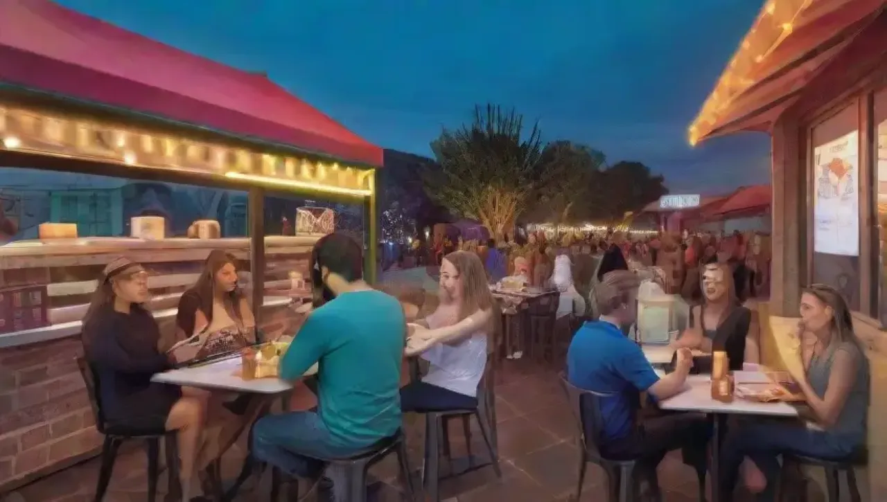 Un bullicioso ambiente urbano lleno de comida, tecnología y amigos disfrutando juntos