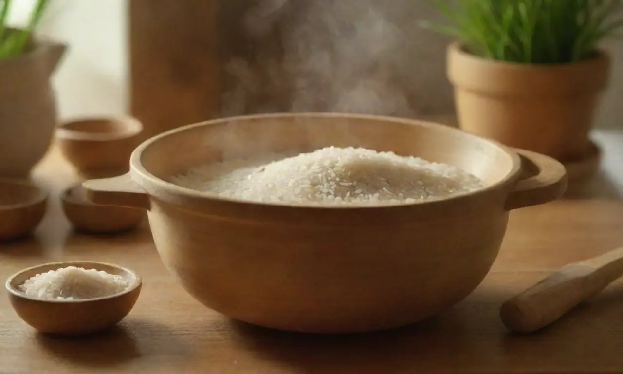 Utensilios de cocina: olla arrocera, vaporizador de bambú, cuchara de madera, tazas medidoras, mortero y mano tailandesa, cucharón de mango largo, colador fino y espátula resistente al calor