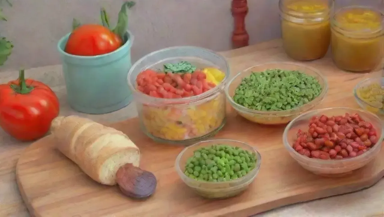 Una cocina acogedora con ingredientes coloridos y una familia disfrutando de una comida