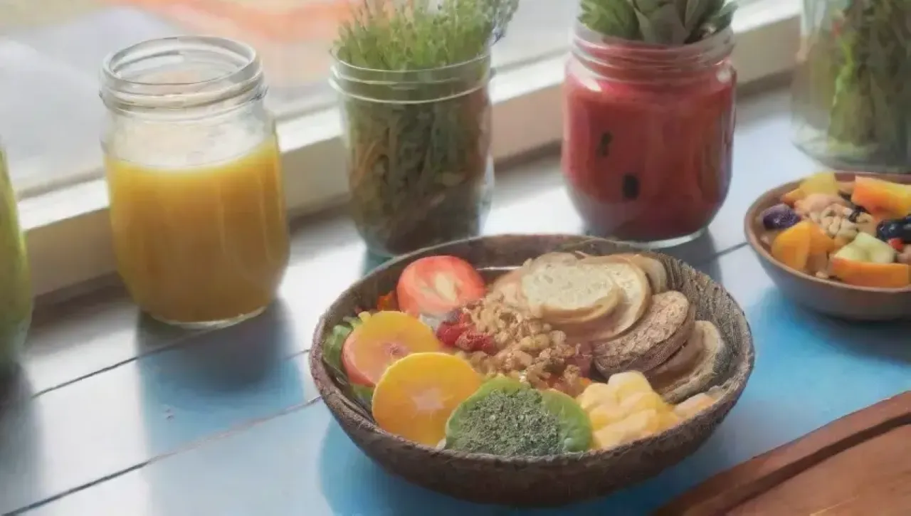Una cocina serena y vibrante llena de frutas, verduras, especias y un ambiente acogedor