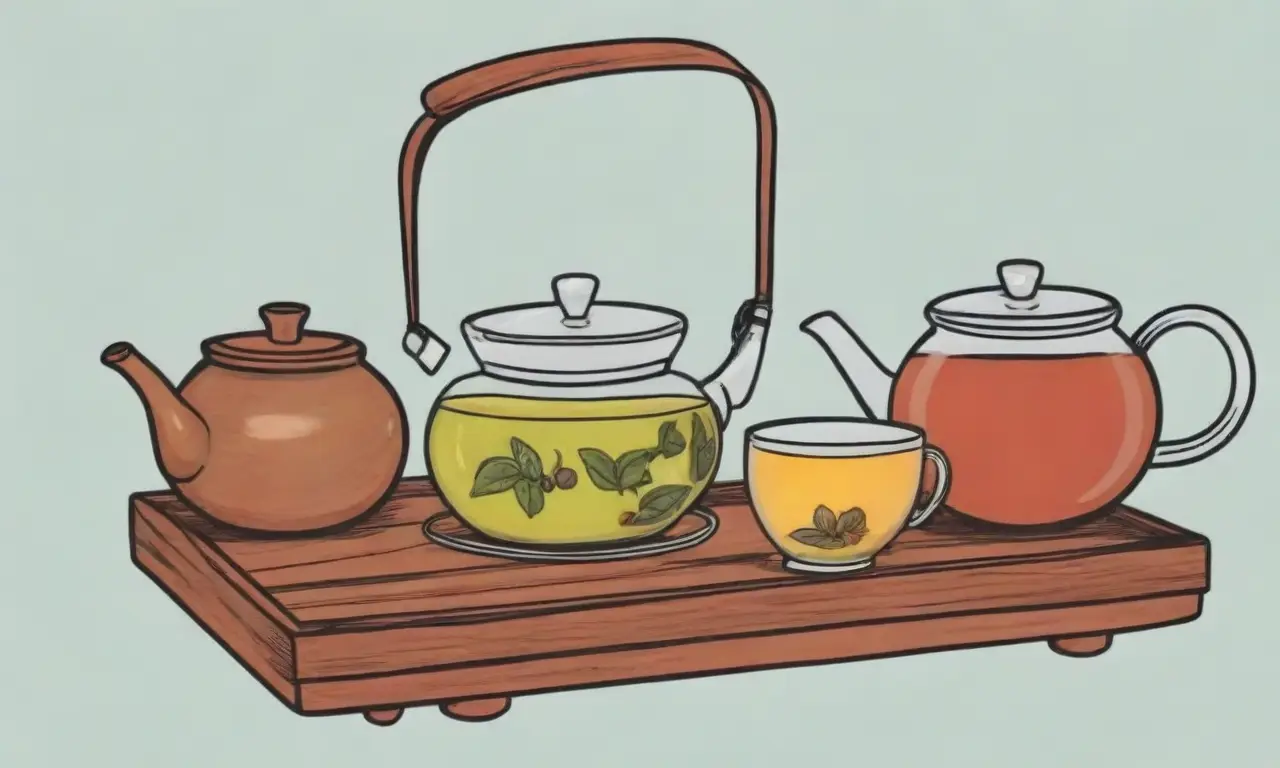 Utensilios de té: tetera, vasos, colador, azucarera, teteras dobles, bandeja, fuente de calor, hojas de té y hervidor