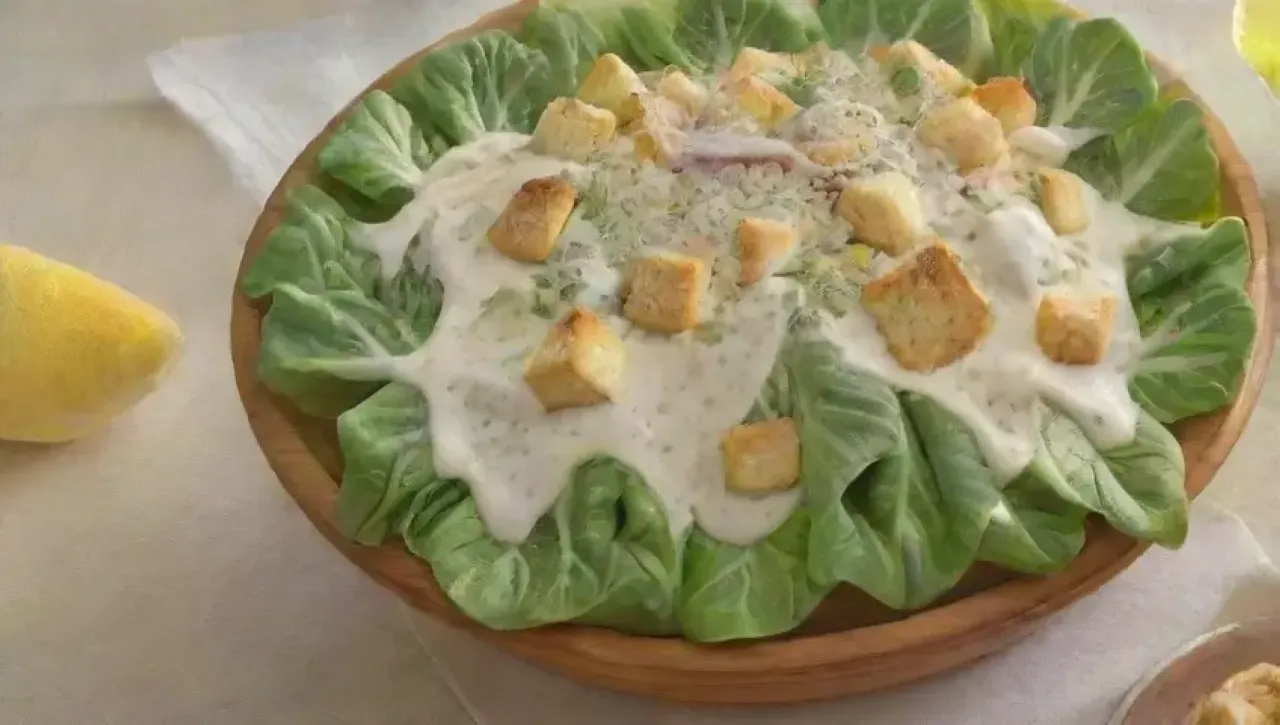 Una ensalada César exquisita, con lechuga fresca, aderezo cremoso, crutones dorados y un ambiente acogedor