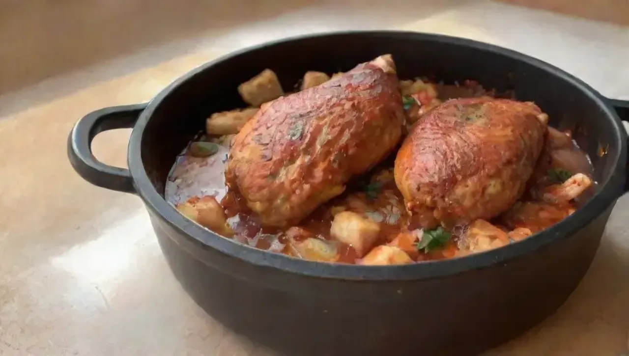 Pollo marinado vibrante y aromático listo para asar, prometiendo un festín de sabores