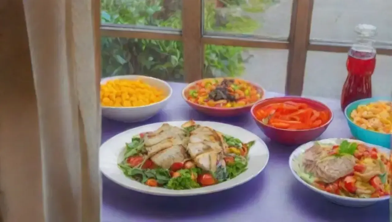 Cocina luminosa y acogedora con comida colorida y ambiente alegre