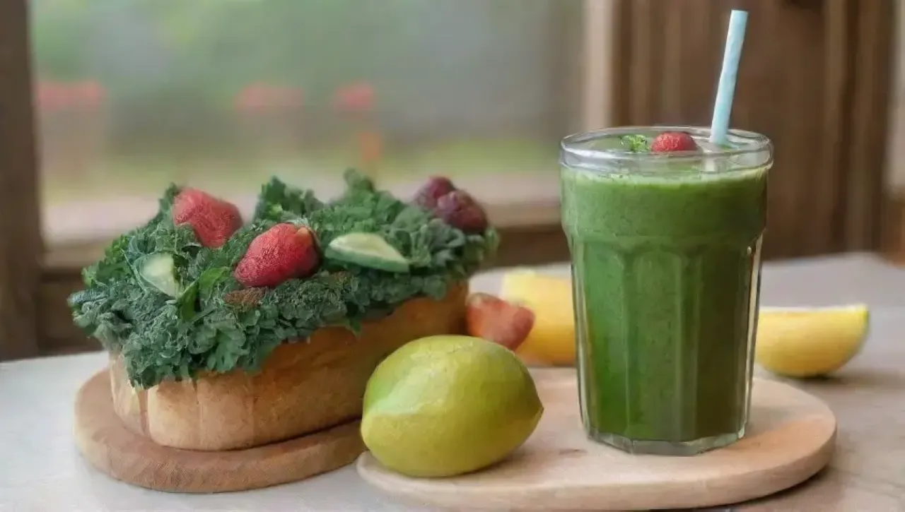 Un jugo verde vibrante en un vaso claro rodeado de frutas y vegetales frescos en una cocina iluminada