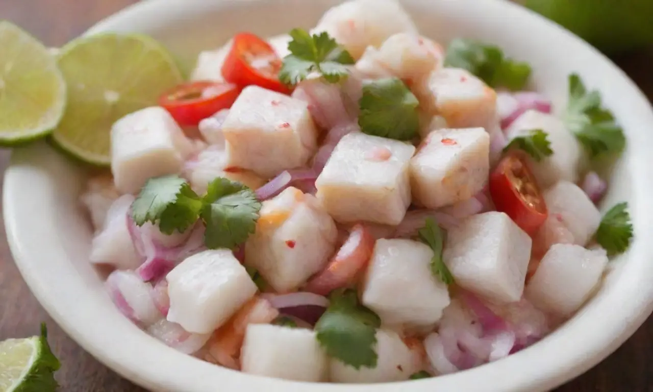 Ceviche peruano clásico con pescado fresco, jugo de limón y ají