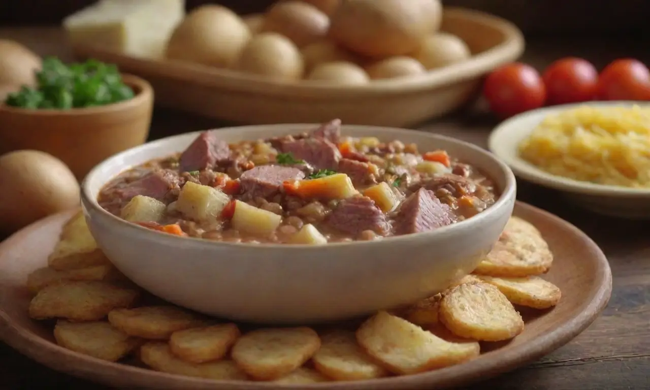 Granos tradicionales, papas, verduras frescas, carnes ahumadas, lácteos, sopas, influencias culturales, ingredientes de temporada y recetas históricas