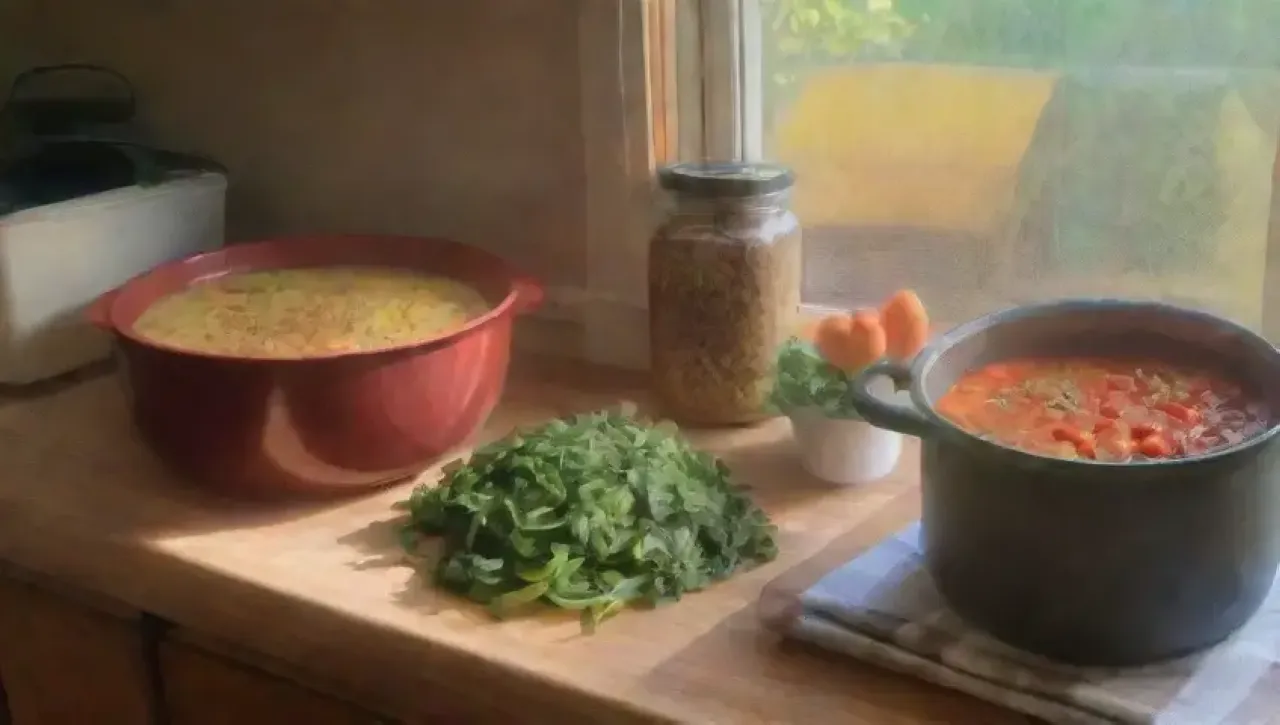 Una cocina vibrante y acogedora, llena de aromas, con una familia riendo alrededor de una mesa