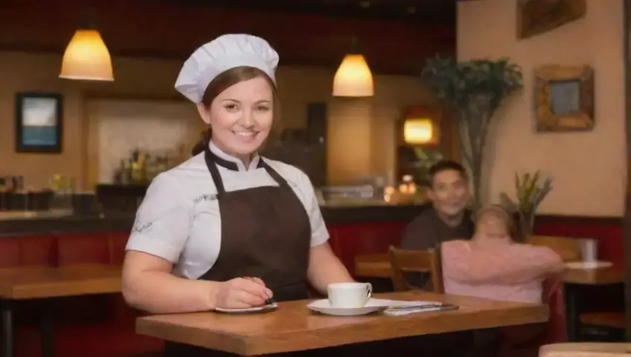 Un restaurante vibrante y acogedor con comida gourmet, personal sonriente y ambiente animado