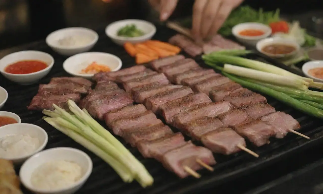 Samgyeopsal: carne a la parrilla, verduras frescas y salsas en un delicioso encuentro social
