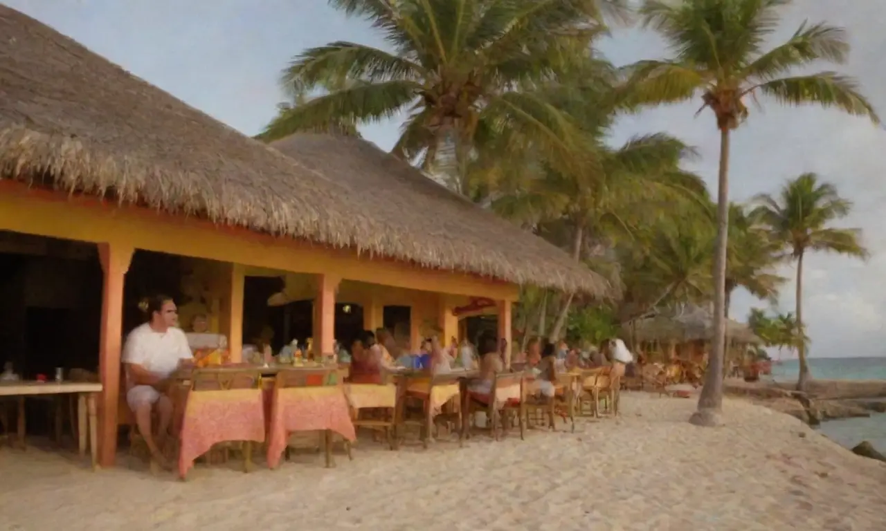 Escena playera colorida con restaurante vibrante, comida jamaicana, bebidas tropicales y clientes sonrientes