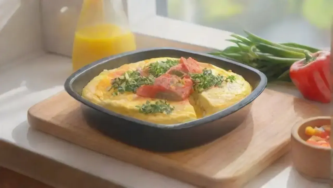 Un desayuno alegre y acogedor con omelet amarillo, tofu, hierbas frescas y un ambiente soleado