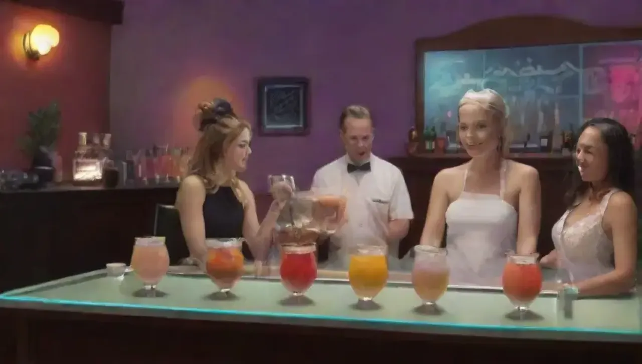 Un animado restaurante con mesas blancas, cócteles coloridos, risas y un ambiente bullicioso