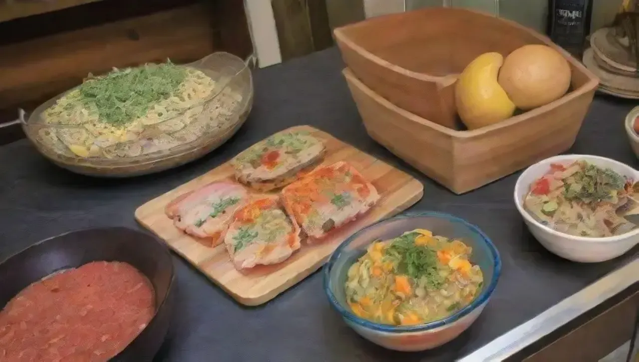 Una cocina vibrante y acogedora llena de especias, verduras, platos culturales y un chef creando delicias