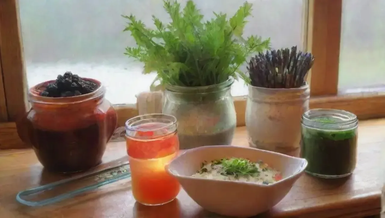 Una mesa rústica llena de hierbas frescas, especias y frutas en una acogedora cocina