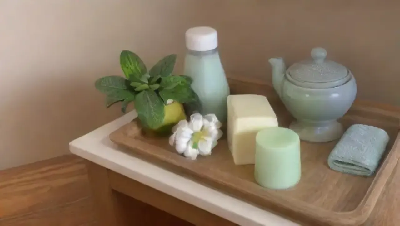 Un ambiente sereno de spa con té verde, flores, velas y productos de belleza
