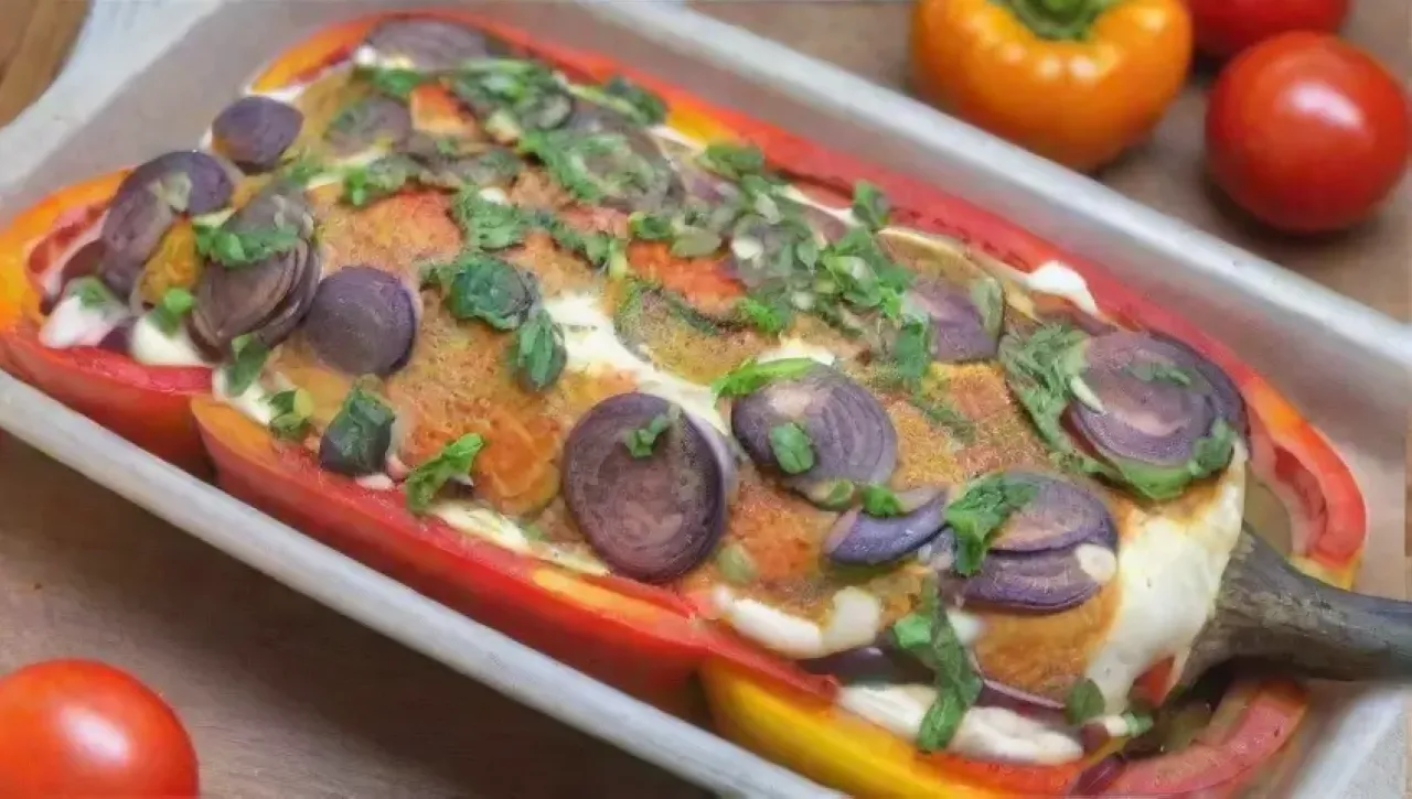 Una deliciosa y colorida presentación de berenjenas y otros ingredientes en un ambiente acogedor