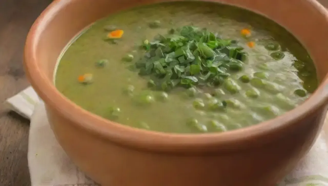 Sopa de guisantes verdes en un tazón colorido, con hierbas frescas, limón y un ambiente acogedor