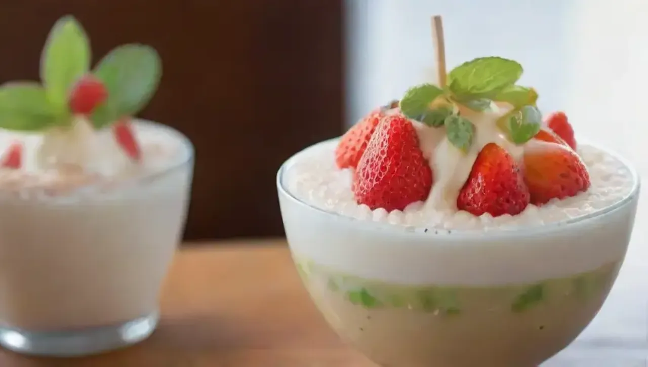 Un postre nostálgico y elegante de perlas de tapioca con frutas y caramelo en un ambiente acogedor
