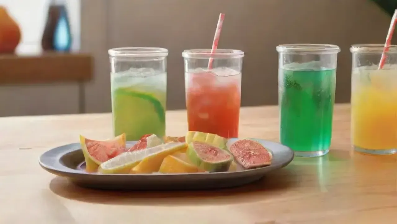 Una escena refrescante y colorida de bebidas saludables en un ambiente moderno y acogedor