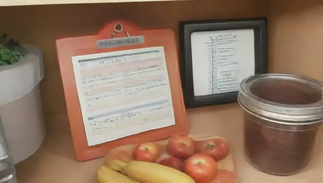 Cocina brillante y organizada con frutas, verduras, utensilios y elementos de limpieza