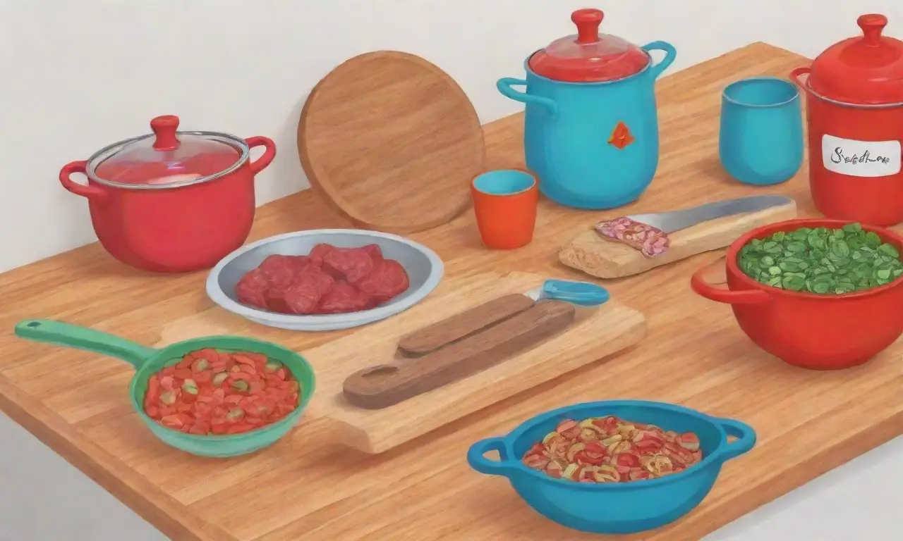 Herramientas esenciales de cocina rusa en colores vibrantes