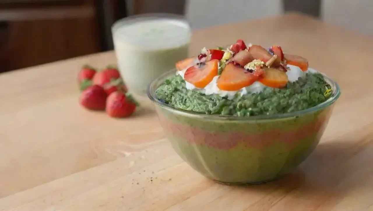Un colorido desayuno saludable con frutas, yogur y un batido en un ambiente luminoso