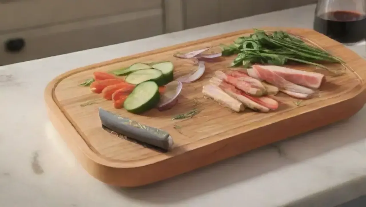Una cocina vibrante con cuchillos personalizados y un chef cortando ingredientes frescos