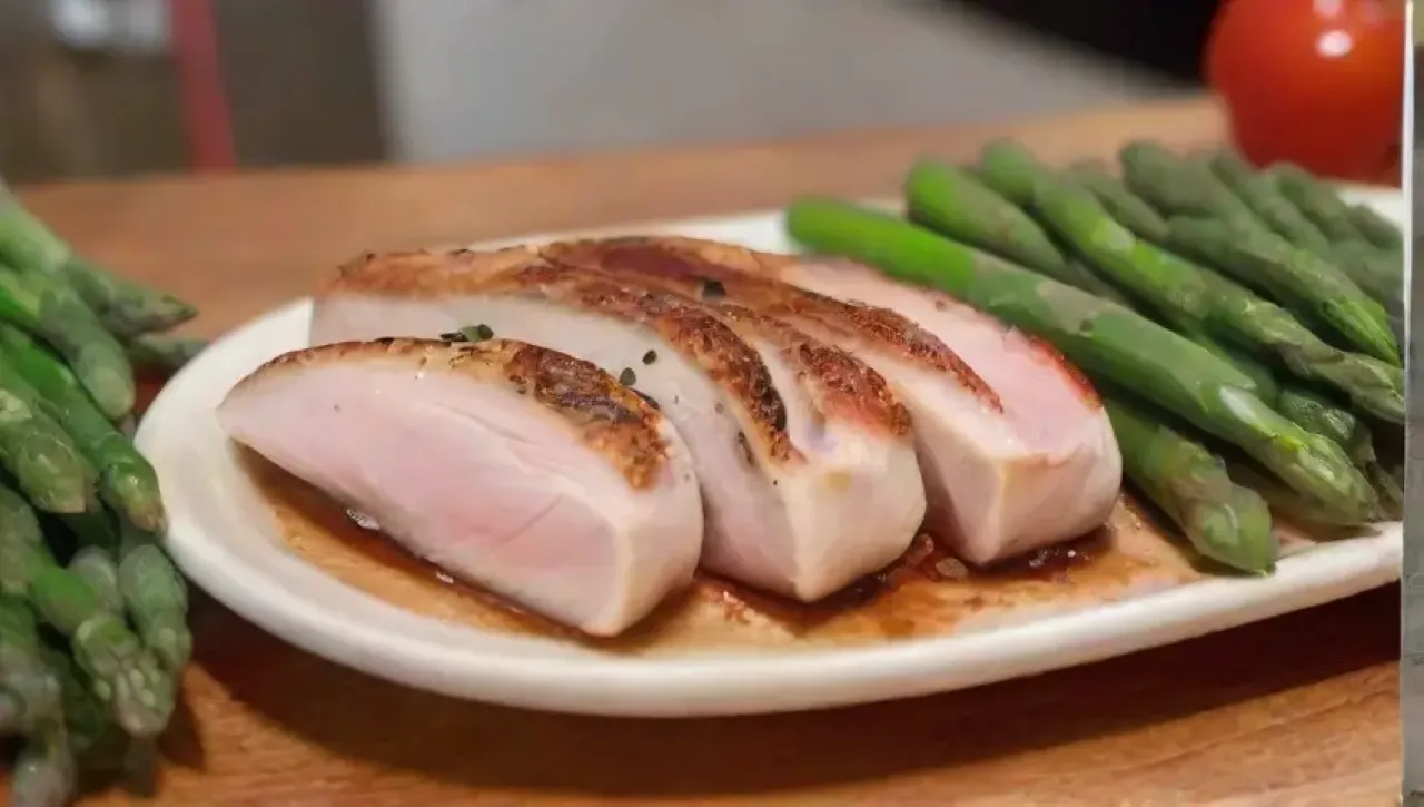 Un cuchillo afilado corta pechuga de pollo en una cocina rústica con hierbas frescas y vegetales coloridos