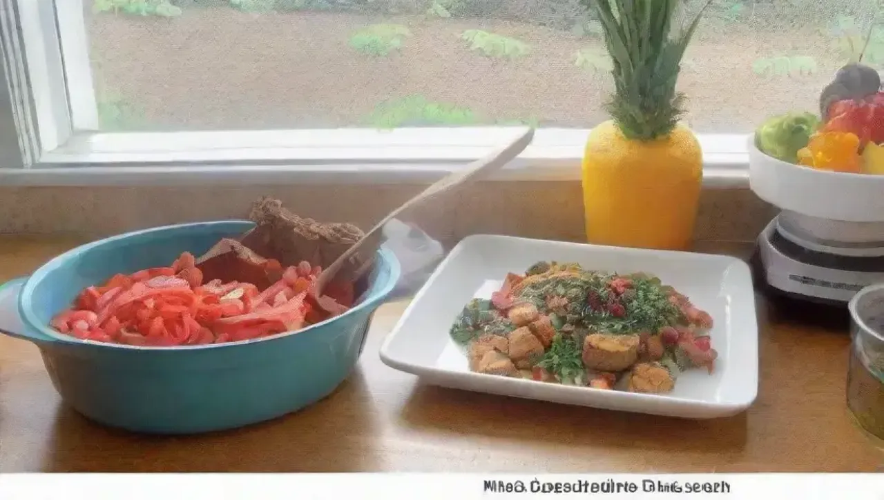 Una cocina vibrante y acogedora, llena de frutas, verduras y comida saludable, donde una familia disfruta de una comida juntos