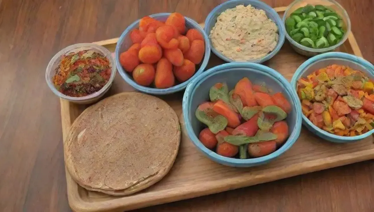 Una mesa vibrante y colorida con verduras frescas, hummus, flores comestibles y una presentación elegante