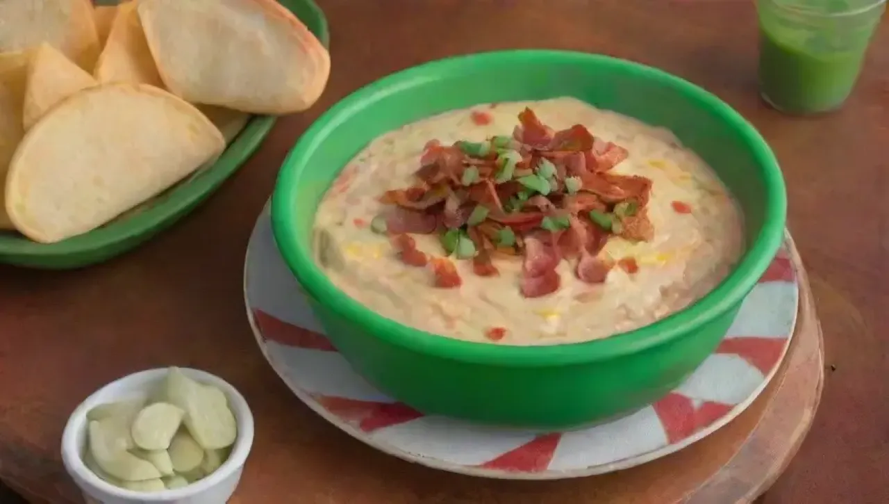 Una vibrante y cremosa dip de queso rodeada de coloridos totopos, con amigos disfrutando del juego