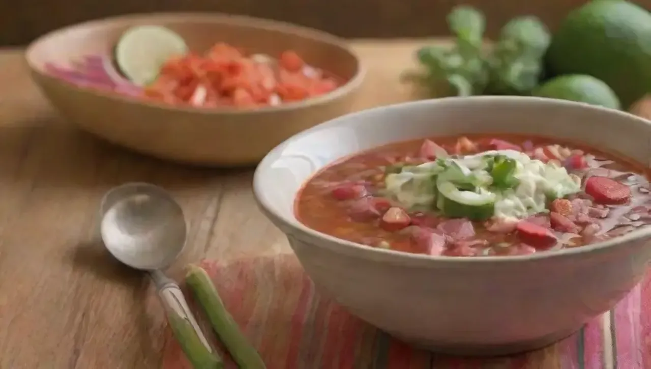Un vibrante pozole rojo en un tazón rústico rodeado de familia y tradición