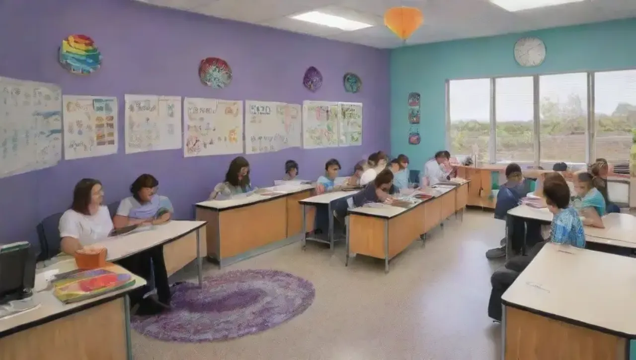 Un aula vibrante y acogedora, llena de luz, color, risas y un ambiente de aprendizaje y bienestar