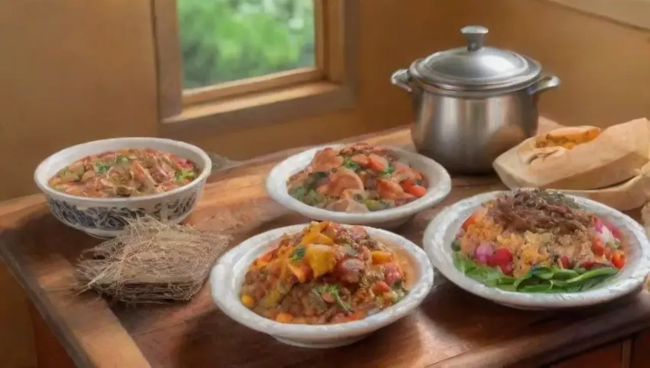 Una mesa acogedora llena de platos coloridos y aromas deliciosos