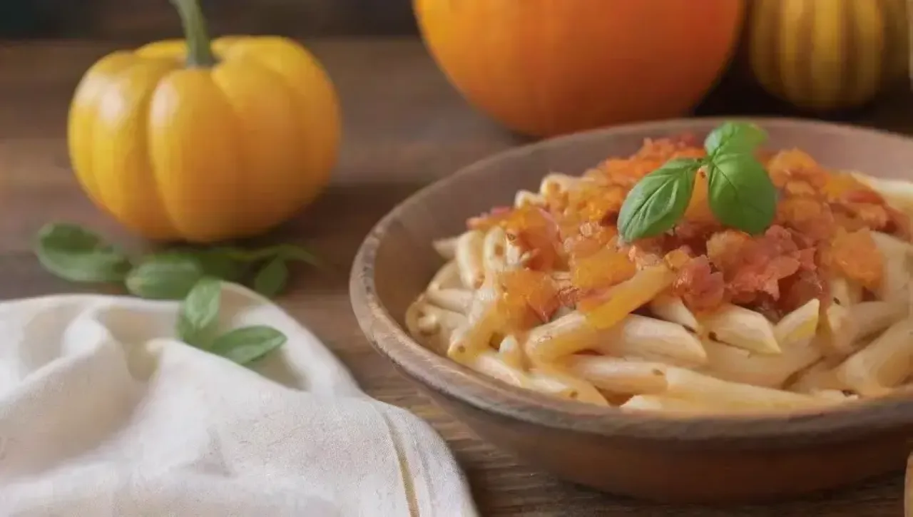 Pasta cremosa con calabaza, hierbas frescas y un ambiente acogedor de otoño