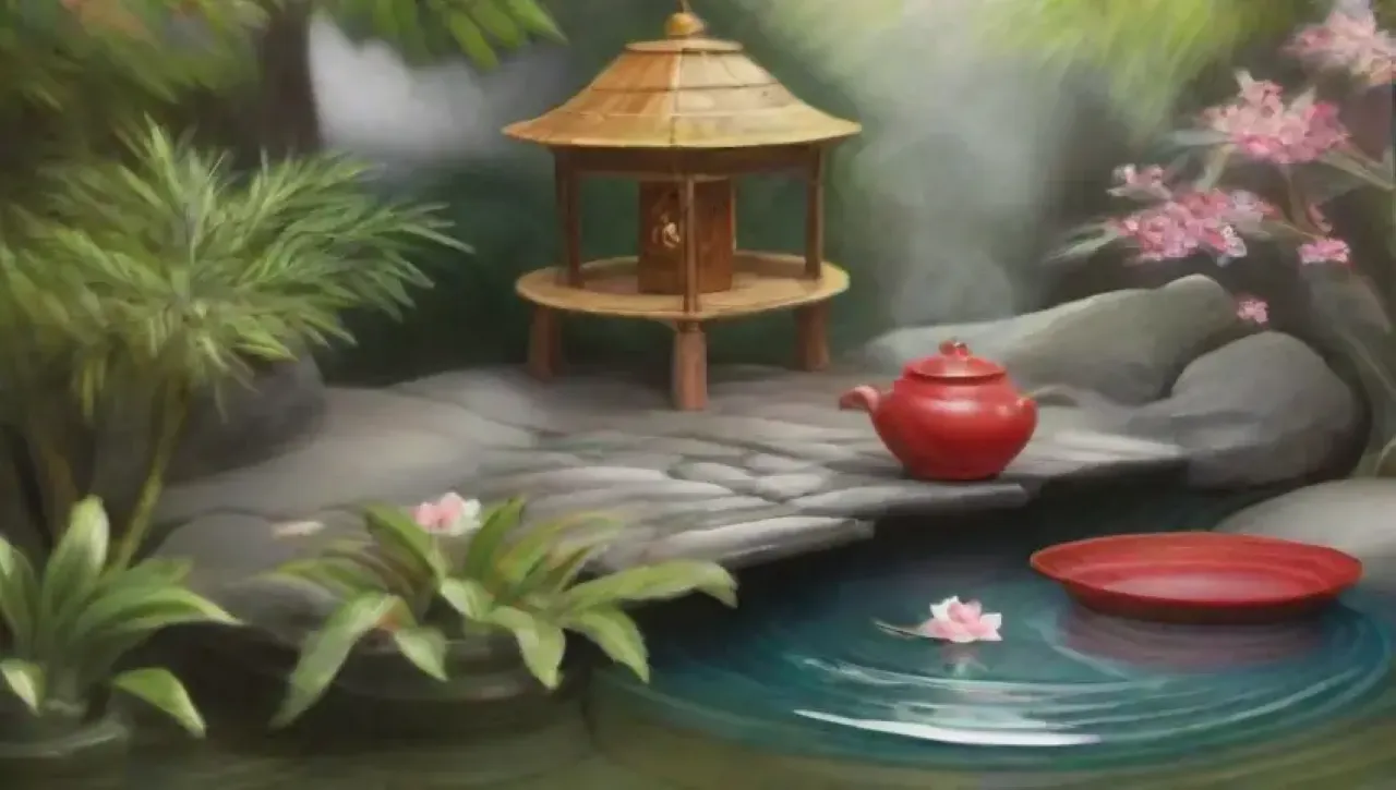 Un jardín de té sereno con hojas verdes, tazas de porcelana, koi nadando y una atmósfera armoniosa