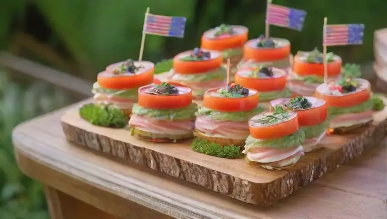 Canapés vibrantes en una tabla rústica, decorados con flores comestibles, glaseado balsámico y microgreens