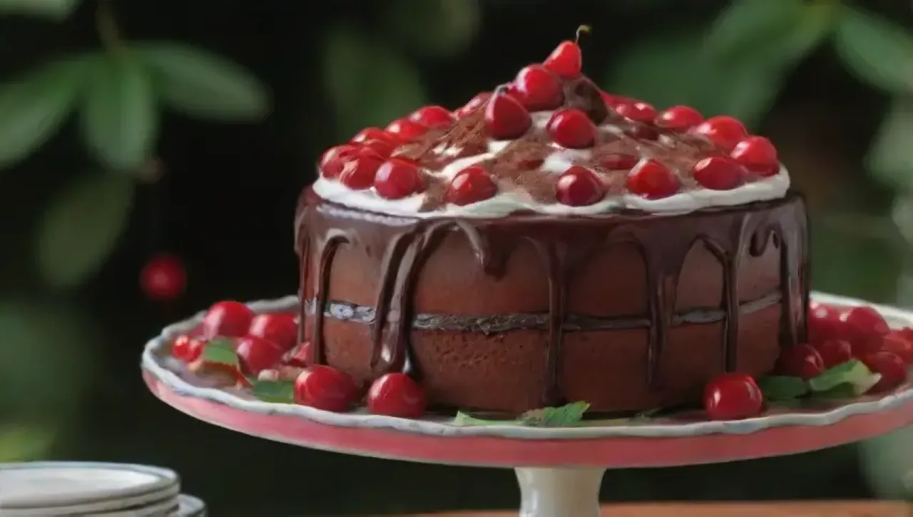 Un elegante pastel de chocolate con cerezas y crema, rodeado de un ambiente festivo y acogedor